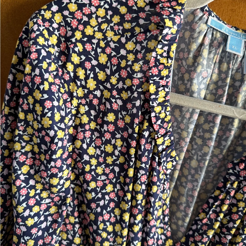 Draper James Floral Cinch Waist Midi Dress XL Ruffle Neck & Hem Cottagecore - Picture 9 of 11
